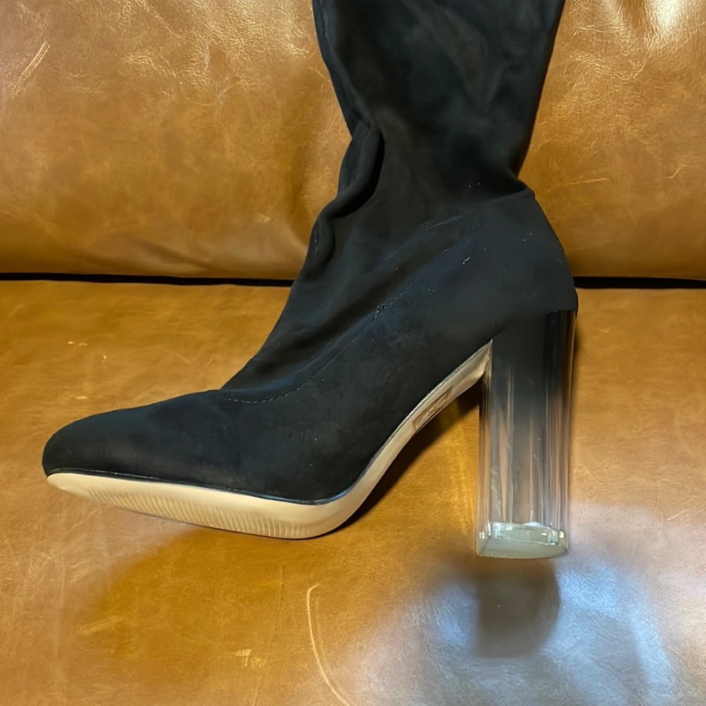 Lucite heel faux suede thigh high boots